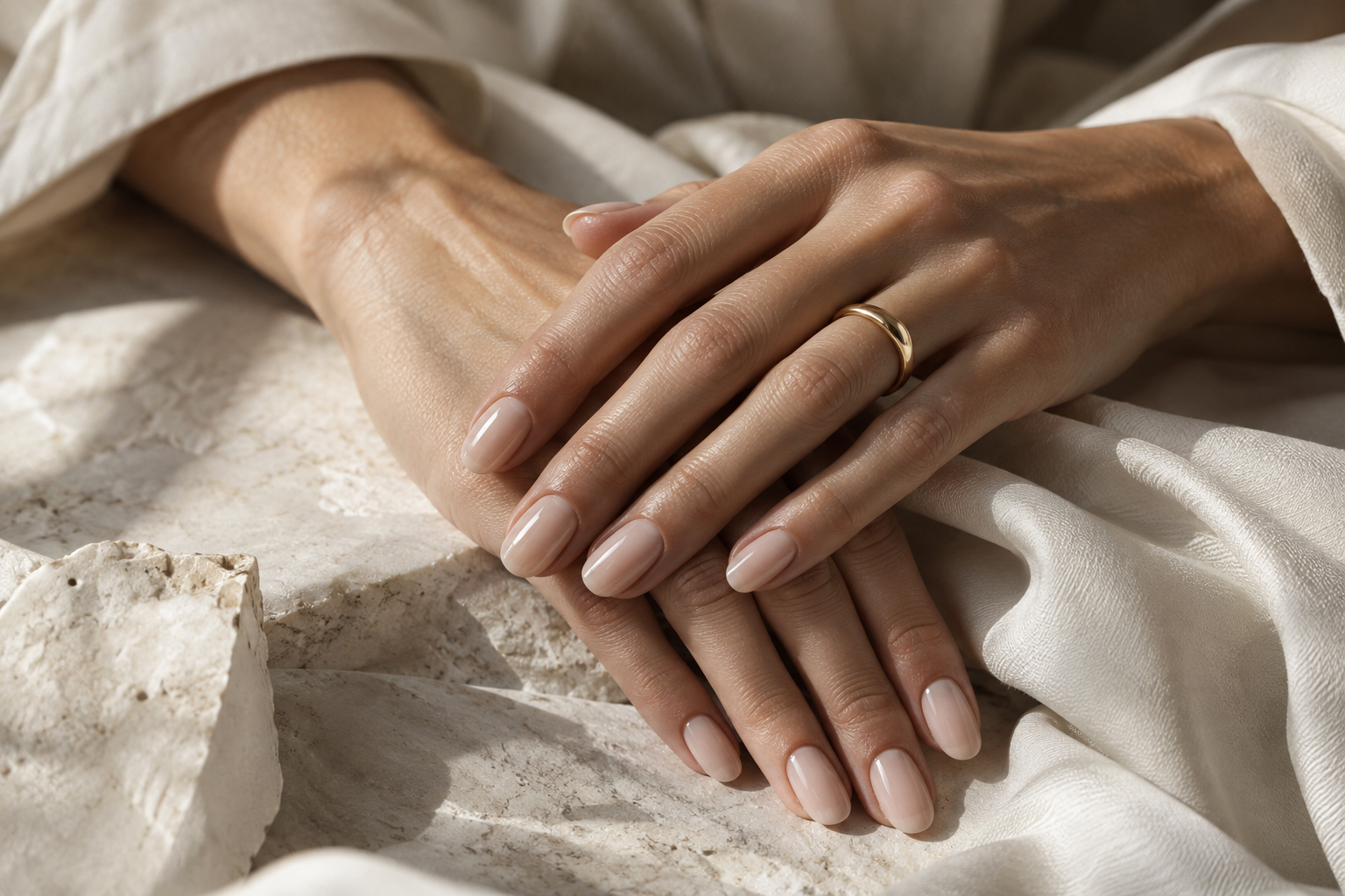 Editorial inspiration: a soft nude manicure with a delicate gold ring